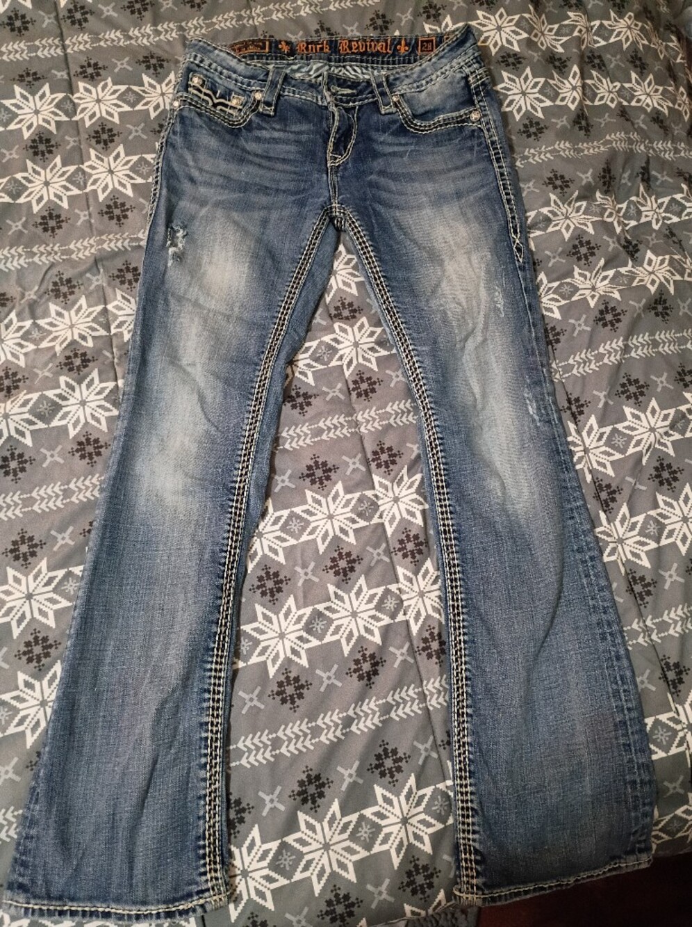 Rock Revival Women's Boot Cut Jeans in Light Blue Distressed Wash